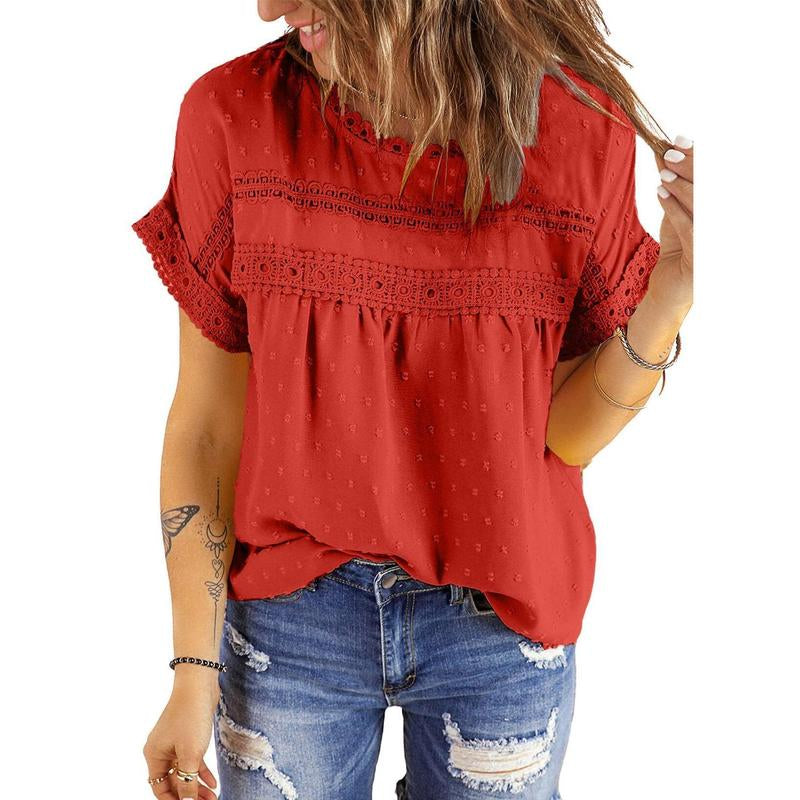 Dokotoo Womens Summer Tops Crewneck Lace Crochet Short Sleeve Shirts Casual Chiffon Blouses