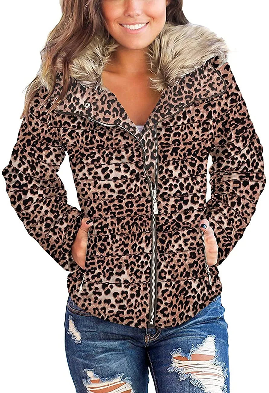 Women Parka Coat Pockets Quilted Puffer Jacket with Faux Fur Lapel, Size S-2XL