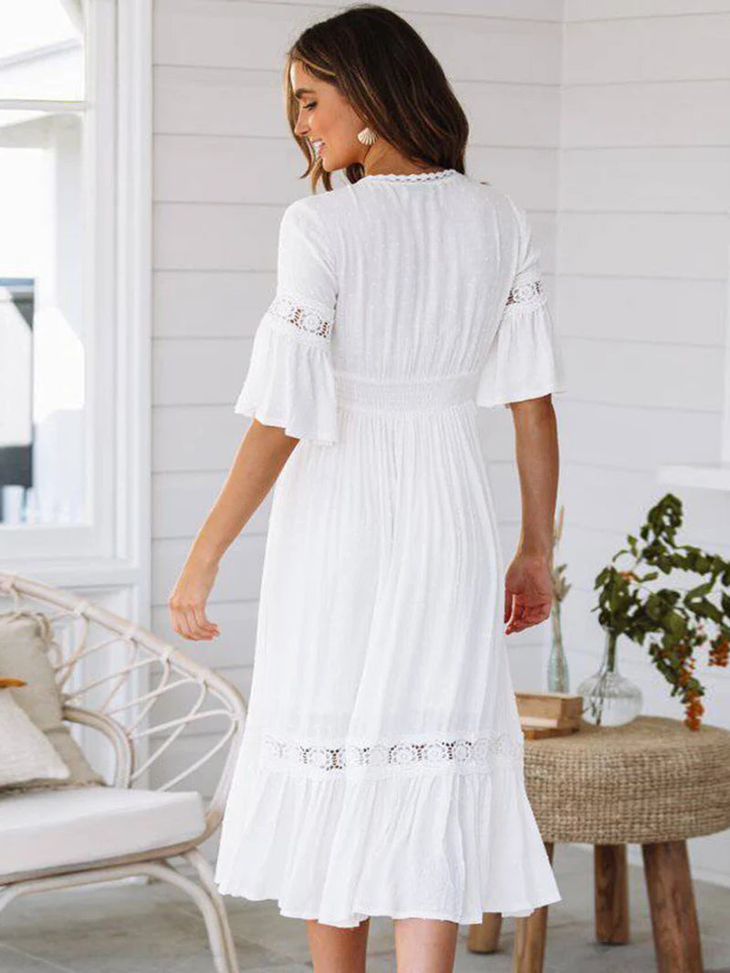 Summer White Long Dress Women Boho Hollow Out Patchwork Dress Short Sleeve V-Neck Loose Dress Fashion Casual Elegant Woman Dress