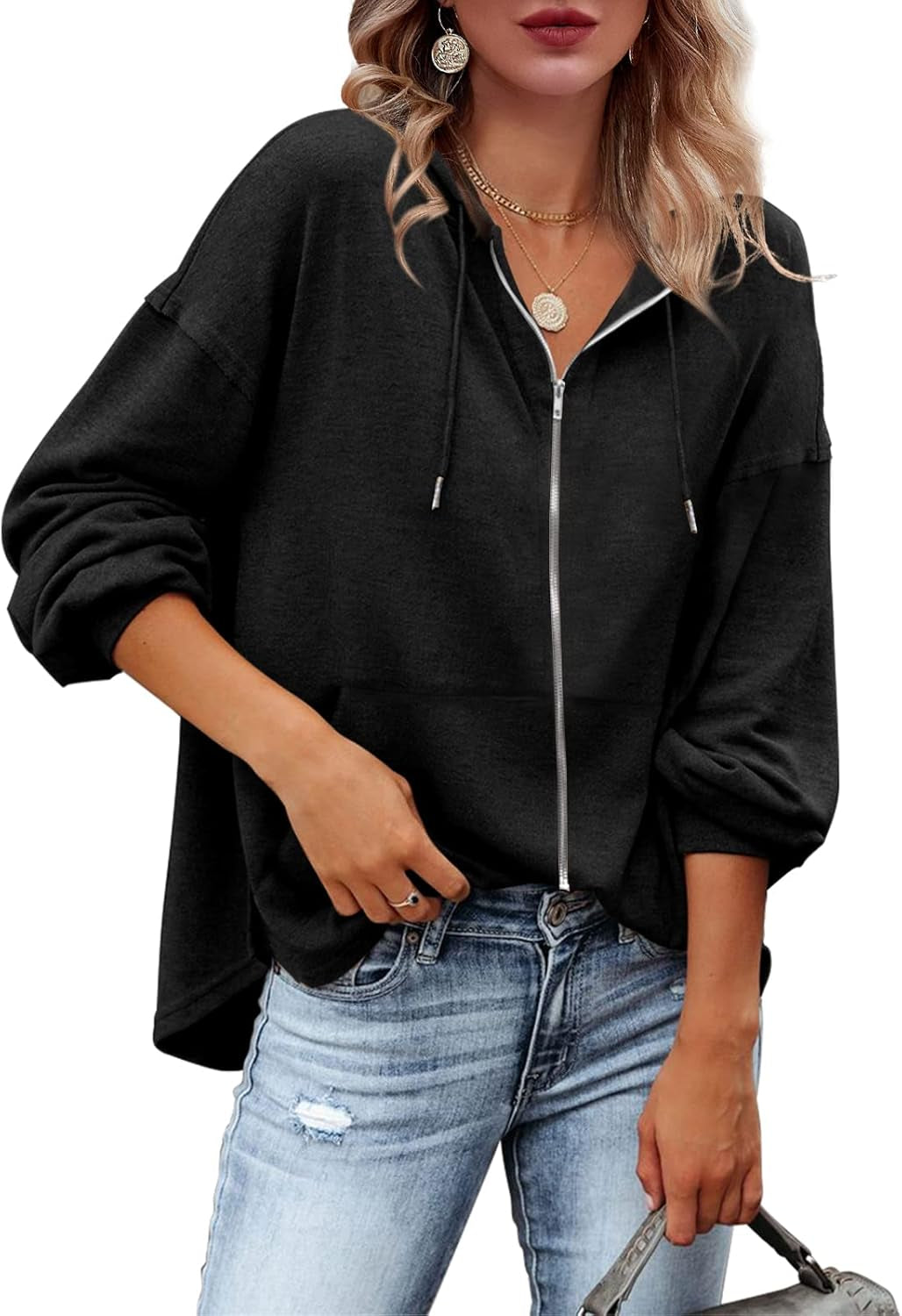 Womens Zip up Hoodies Loose Fit Sweatshirt Casual Long Sleeve Shirts for Women Pullover Tops with Pocket