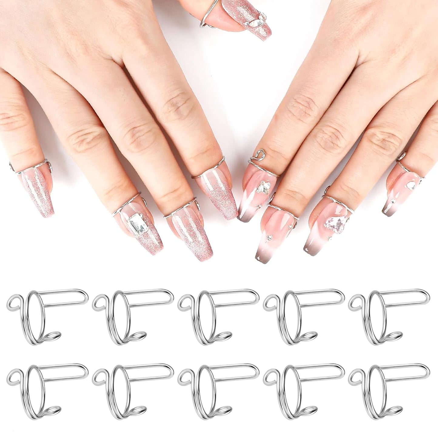 20Pcs Size Adjustable Wudu Rings with 120Pcs Adhesive Nail Tabs, Reusable Detachable Rings for Halal Nail, Muslim Wearing Manicure (Rose Gold, Silver)