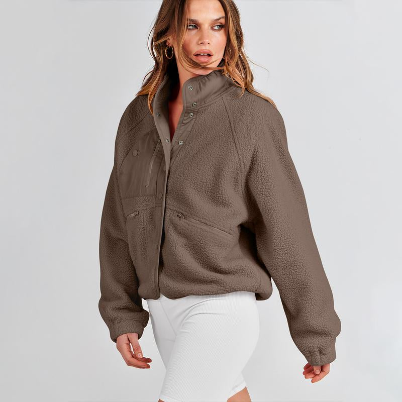 ANRABESS Womens Fleece Jacket Button down Shacket Casual Sherpa Cropped Coats Warm Outwear with Pockets