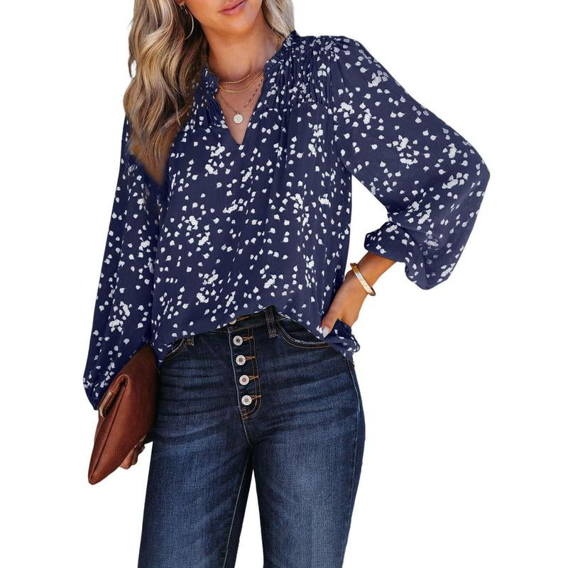 Dokotoo Women'S Casual V Neck Alicia Floral Print Smocked Long Sleeve Chiffon Blouses Bohemian Top Shirts