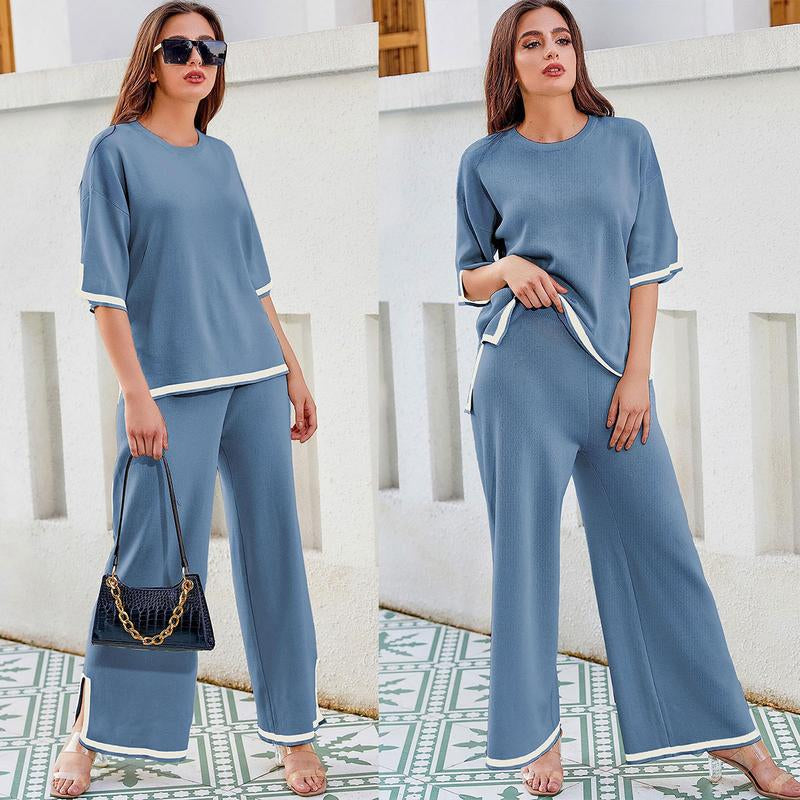 Naeduo Sweater Sets Women 2 Piece Lounge Sets Short Sleeve Knit Pullover Tops Wide Leg Pants
