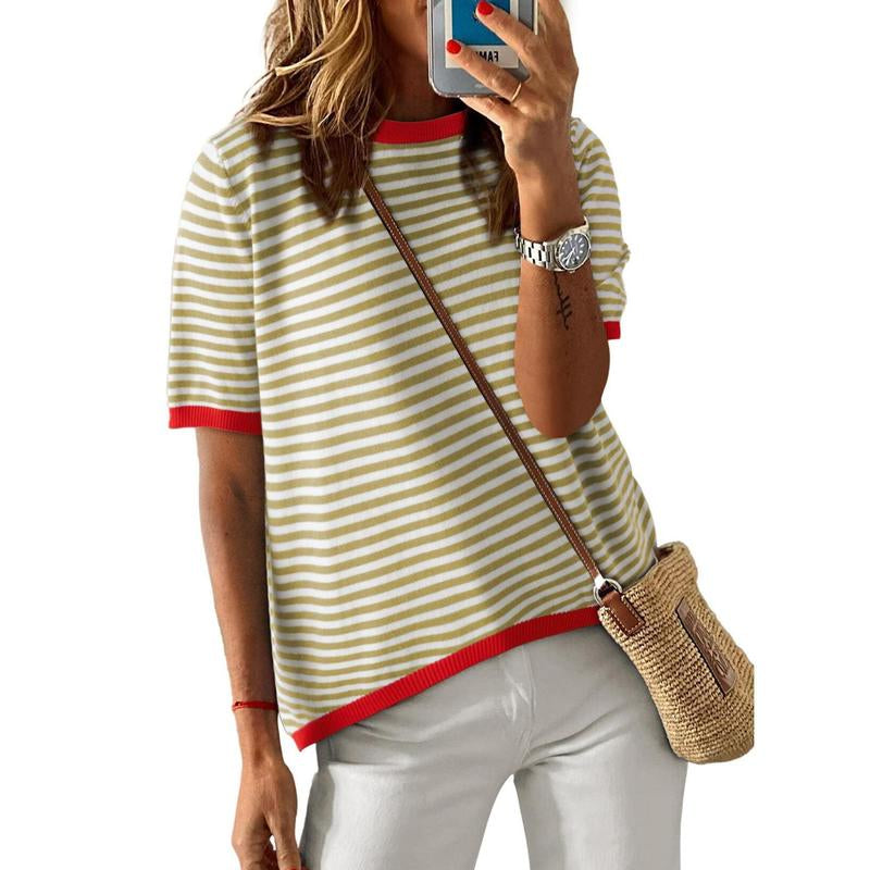 Dokotoo Womens Tops Casual Summer Crewneck Short Sleeve Striped Color Block Knit High Low Trendy Pullover Sweaters