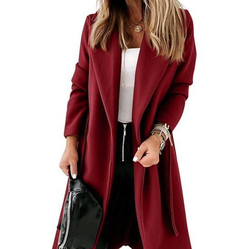 Imily Bela Womens Classic Coat Lapel Collar Open Front Belted Long Jacket M9S050