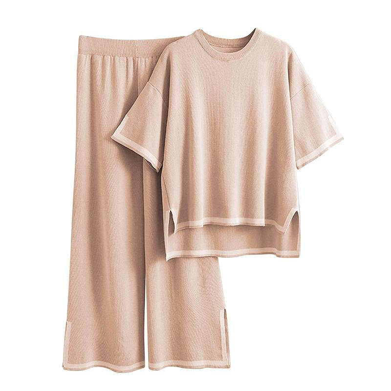 Naeduo Sweater Sets Women 2 Piece Lounge Sets Short Sleeve Knit Pullover Tops Wide Leg Pants