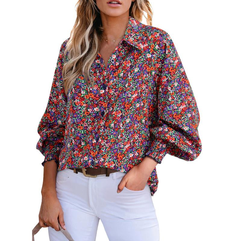 Dokotoo Women'S Casual V Neck Allover Floral Print Long Sleeve Chiffon Button down Blouses Bohemian Top Shirts