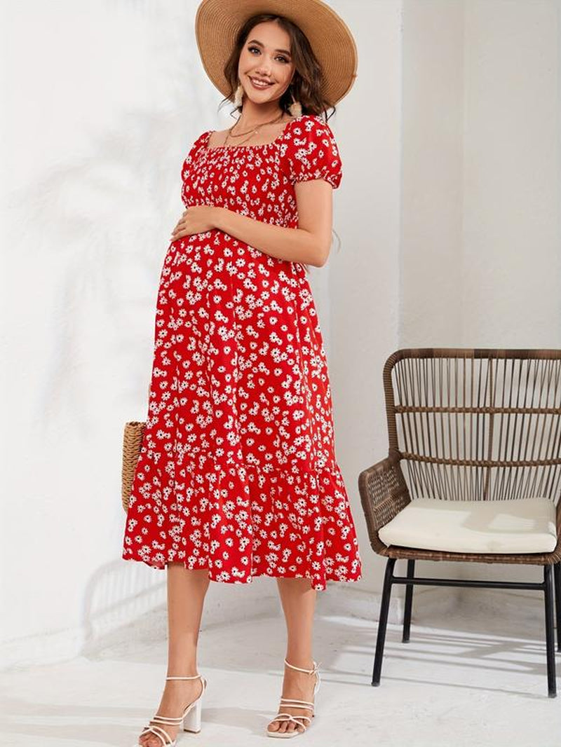 Women'S Maternity Flowers Print Midi Dress, Slim-Fit Short Sleeve Dress for Summer