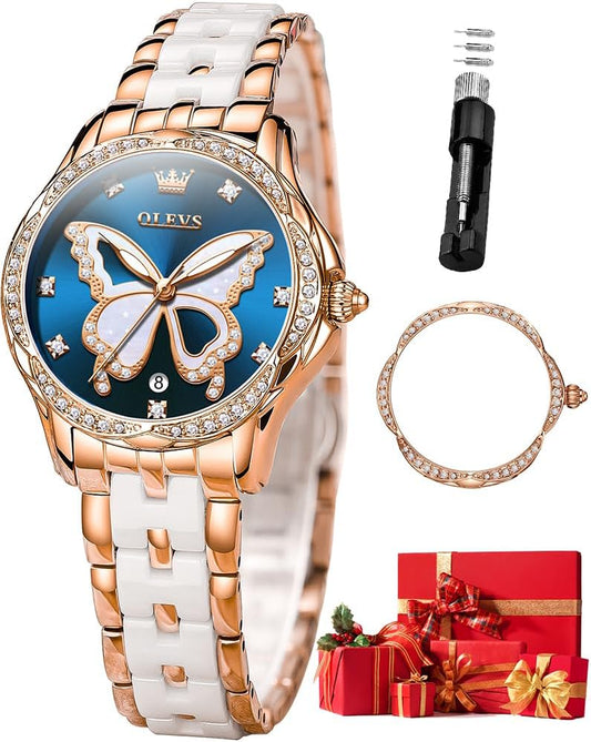 Watches for Women Rose Gold Two Tone Fashion White Ceramic Ladies Wrist Watches Pink/Red Dial Stainless Steel Waterproof Date