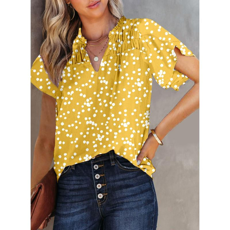 Dokotoo Women'S Casual V Neck Alicia Floral Print Smocked Short Sleeve Chiffon Blouses Bohemian Top Shirts