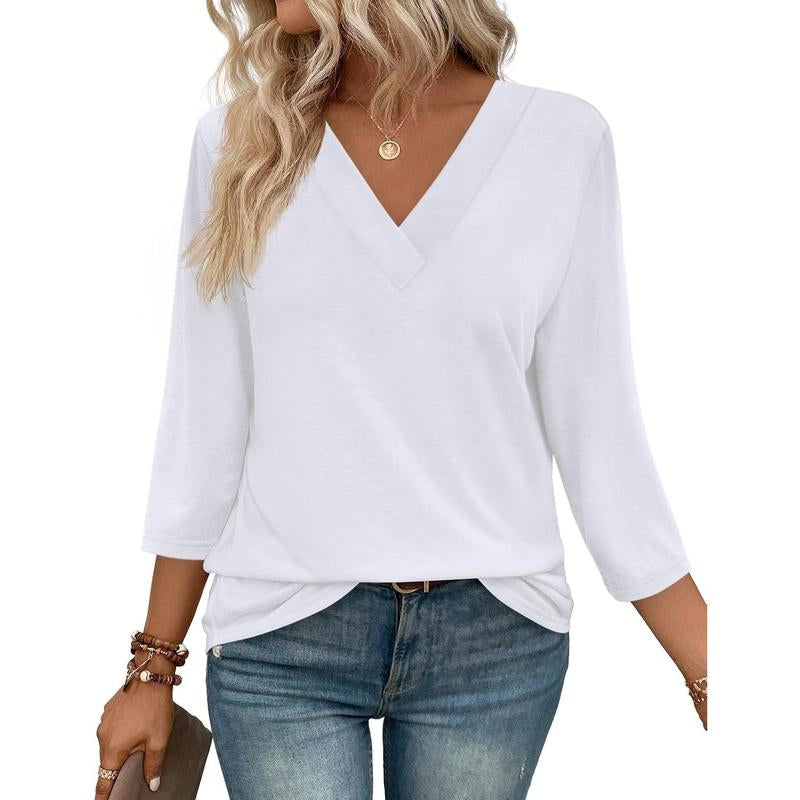 WIHOLL 3/4 Length Sleeve Womens Tops V Neck Casual Tunic Tops Basic Shirts Loose Fit Blouse