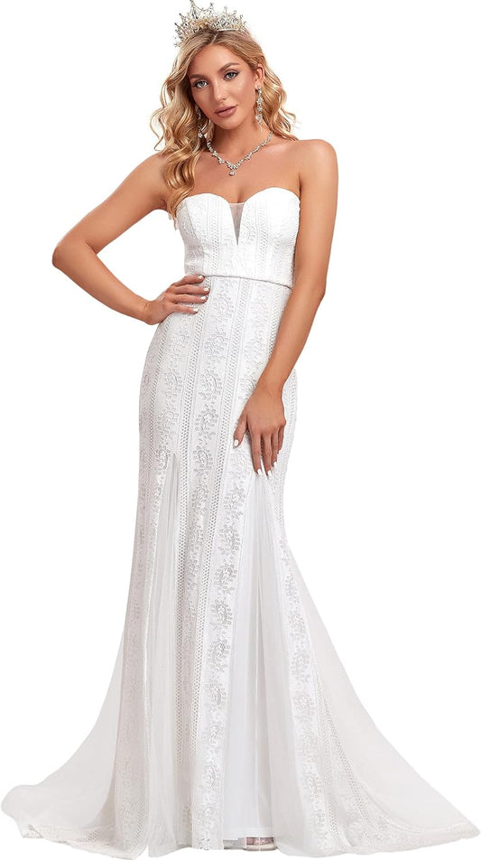 Womens Sleeveless Lace Floor Length Pleated Mermaid Wedding Party Dress White US10