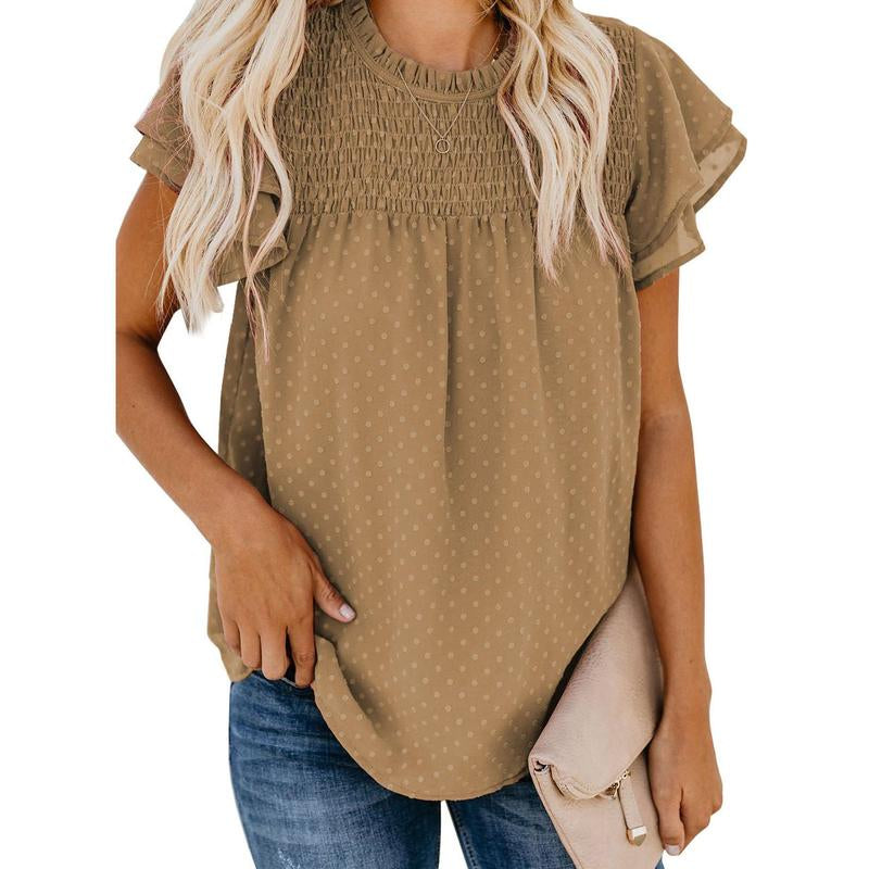 Dokotoo Womens Crewneck Lace Crochet Pom Pom Flowy Short Sleeve Casual Shirts Blouses Tops Summer Fit Denim Fashion Women'S Summer Outfits