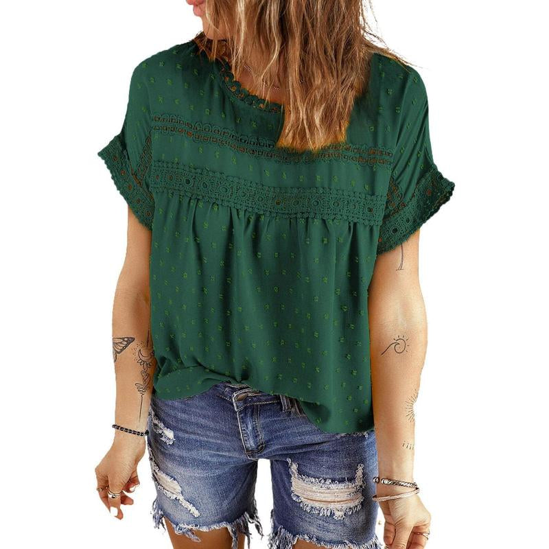 Dokotoo Womens Summer Tops Crewneck Lace Crochet Short Sleeve Shirts Casual Chiffon Blouses