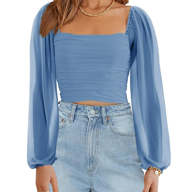 Tankaneo Women'S Summer Mesh Long Sleeve Tops Square Neck Ruched Party Club Casual Crop Blouse Shirt RP5408