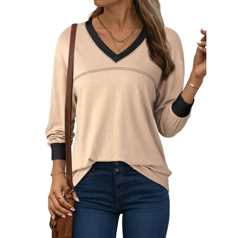 Dokotoo Women Blouses Dressy Casual Long Sleeve Shirts V Neck Color Block Tops Fall Outfits 2025