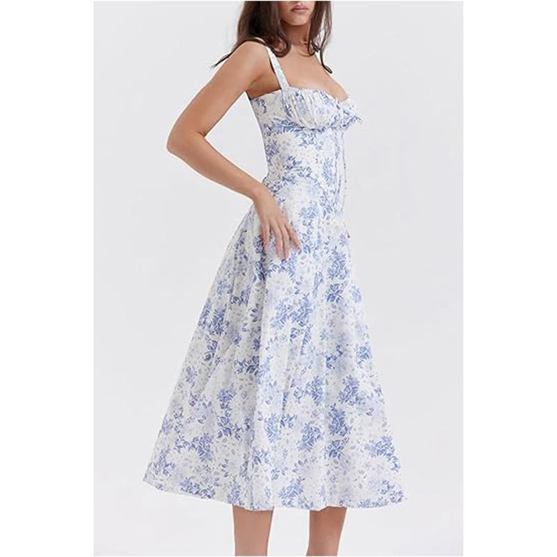 Women'S Floral Print Tie-Up Sleeveless Slit Thigh Dress, Casual Fashion Off-The-Shoulder A-Line Milkmaid Dress, Suitable for Spring and Summer, Beach Vacation