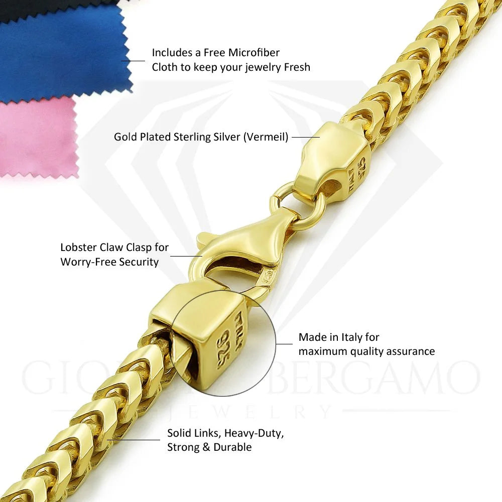 925 Italian Sterling Silver 2Mm Solid Franco Chain, FREE Microfiber Cloth, Yellow Gold Plated Square Box Link Chain Mens Womens Necklace,