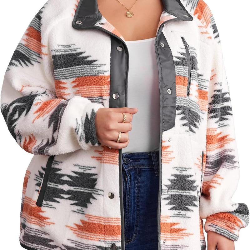 IN'VOLAND plus Size Womens Fleece Jacket Western Aztec Print Long Sleeve Snap Button down Shacket with Pockets
