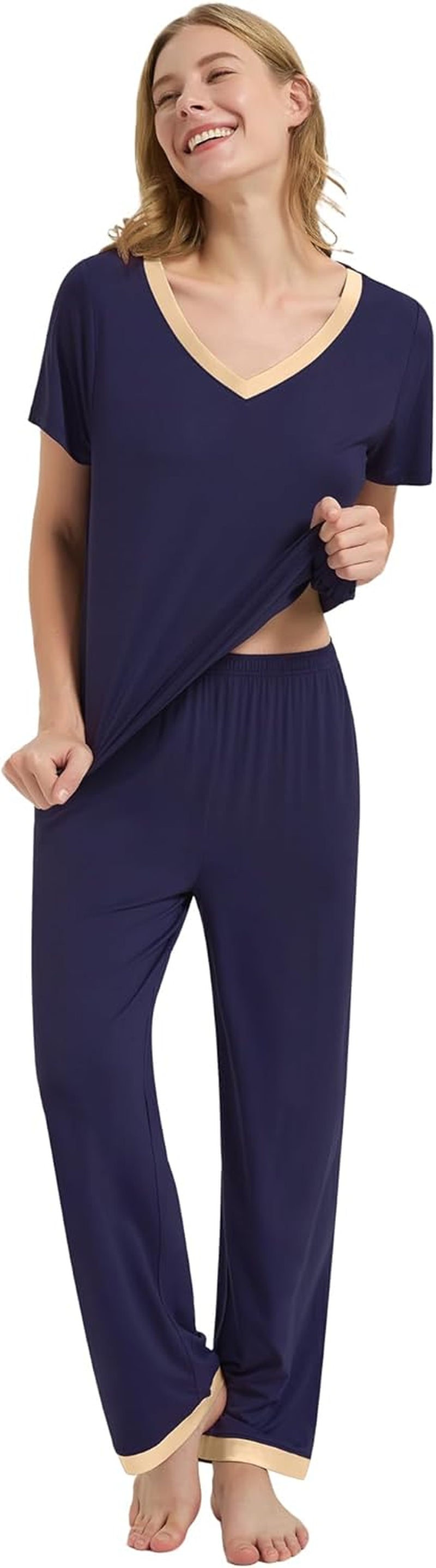 Womens Viscose Bamboo Pajamas Set Super Soft Short Sleeve Top with Pants Pjs Cooling V Neck Sleepwear Lightweight S-3X
