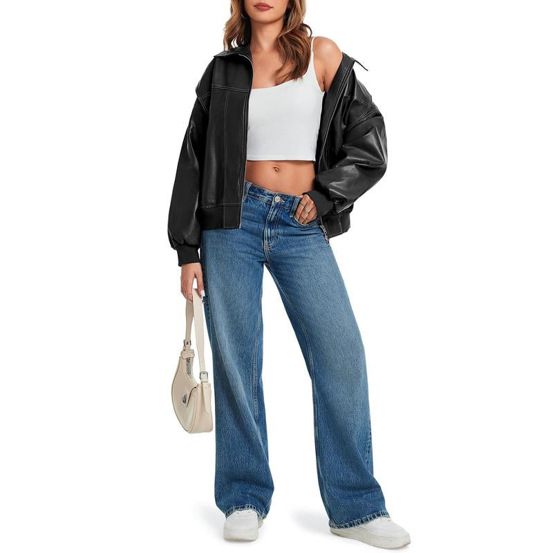 Goranbon Womens Oversized Leather Bomber Jackets Cap Sleeve Zip up Motorcycle Coats with Pockets