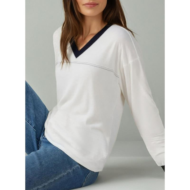 Dokotoo Women Blouses Dressy Casual Long Sleeve Shirts V Neck Color Block Tops Fall Outfits 2025