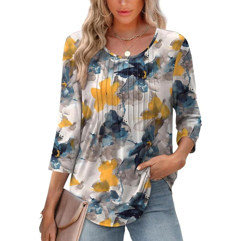 WIHOLL 3/4 Length Sleeve Womens Tops 2025 Crewneck Casual Pleated Tunic Tops Loose Fit Shirts Blouses Curved Hem