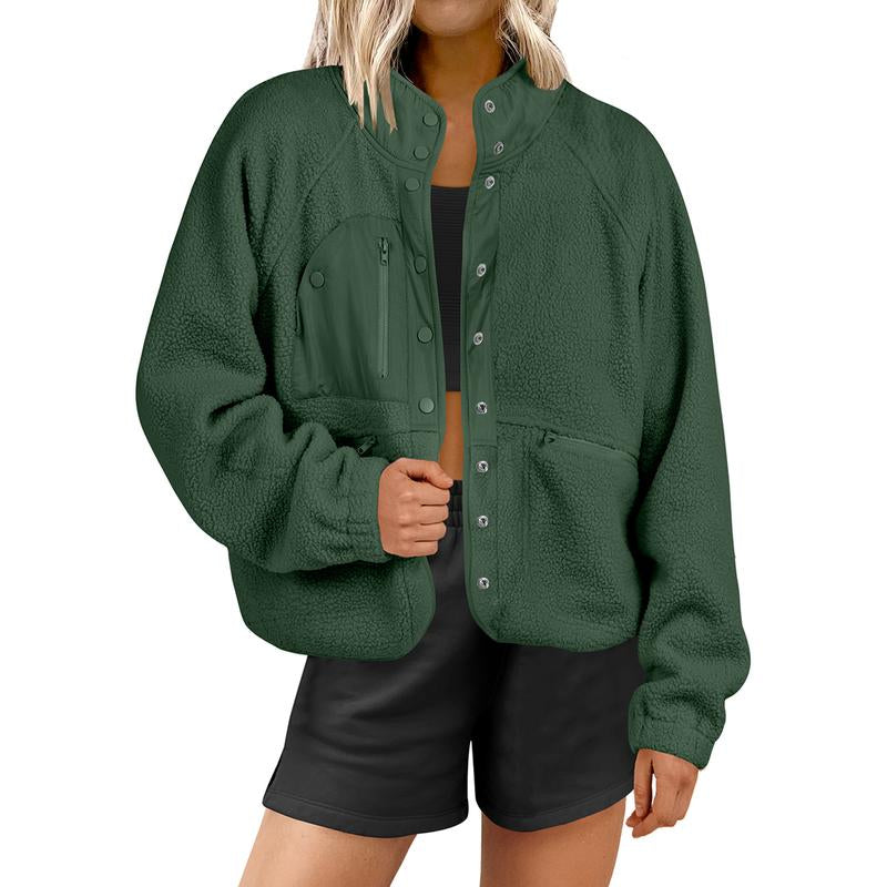 ANRABESS Womens Fleece Jacket Button down Shacket Casual Sherpa Cropped Coats Warm Outwear with Pockets