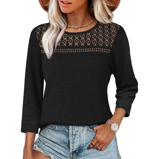 OFEEFAN Women Blouses Dressy Casual 3/4 Length Sleeve Tops plus Size Fall Clothes Lace Crochet Trendy Waffle Shirts