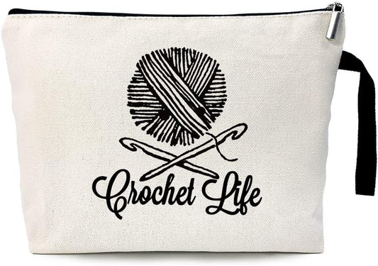 Crochet Life Funny Cosmetic Bag, for Travel Toiletry Zipper Storage Pouch Makeup Bag, Crochet Knit Lover Gifts, Birthday Present for Crochet Friends, Knitting Theme Cosmetic Bag, Yarn Lovers Gifts