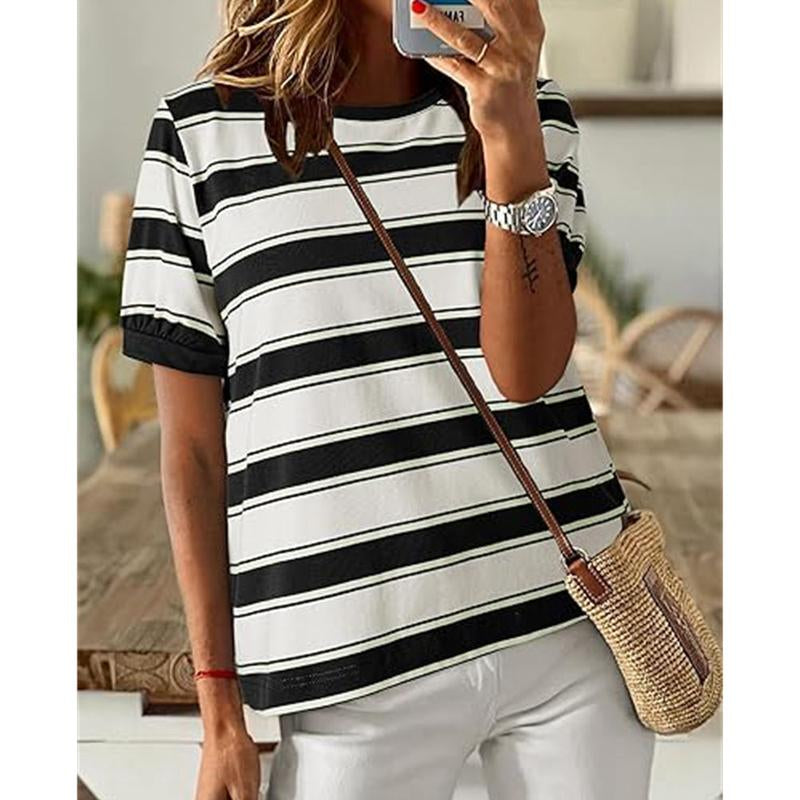 Encolax Tops for Women Striped Fashion T Shirts for Women Color Block Crewneck Design Loose Basic Tee