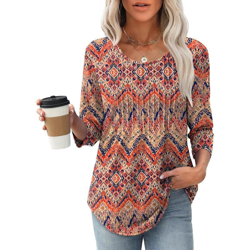 WIHOLL 3/4 Length Sleeve Womens Tops 2025 Crewneck Casual Pleated Tunic Tops Loose Fit Shirts Blouses Curved Hem