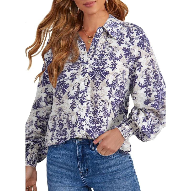 Dokotoo Women'S Casual V Neck Allover Floral Print Long Sleeve Chiffon Button down Blouses Bohemian Top Shirts Elegant Chic