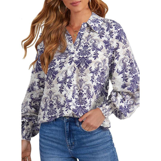 Dokotoo Women'S Casual V Neck Allover Floral Print Long Sleeve Chiffon Button down Blouses Bohemian Top Shirts Elegant Chic