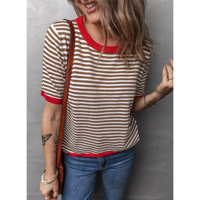 Dokotoo Womens Tops Casual Summer Crewneck Short Sleeve Striped Color Block Knit High Low Trendy Pullover Sweaters
