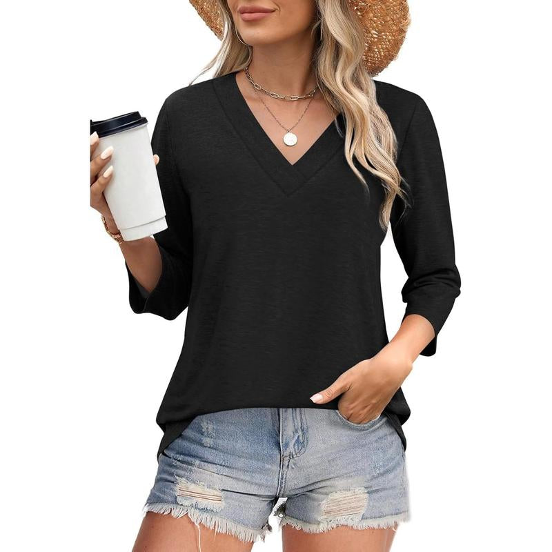 WIHOLL 3/4 Length Sleeve Womens Tops V Neck Casual Tunic Tops Basic Shirts Loose Fit Blouse