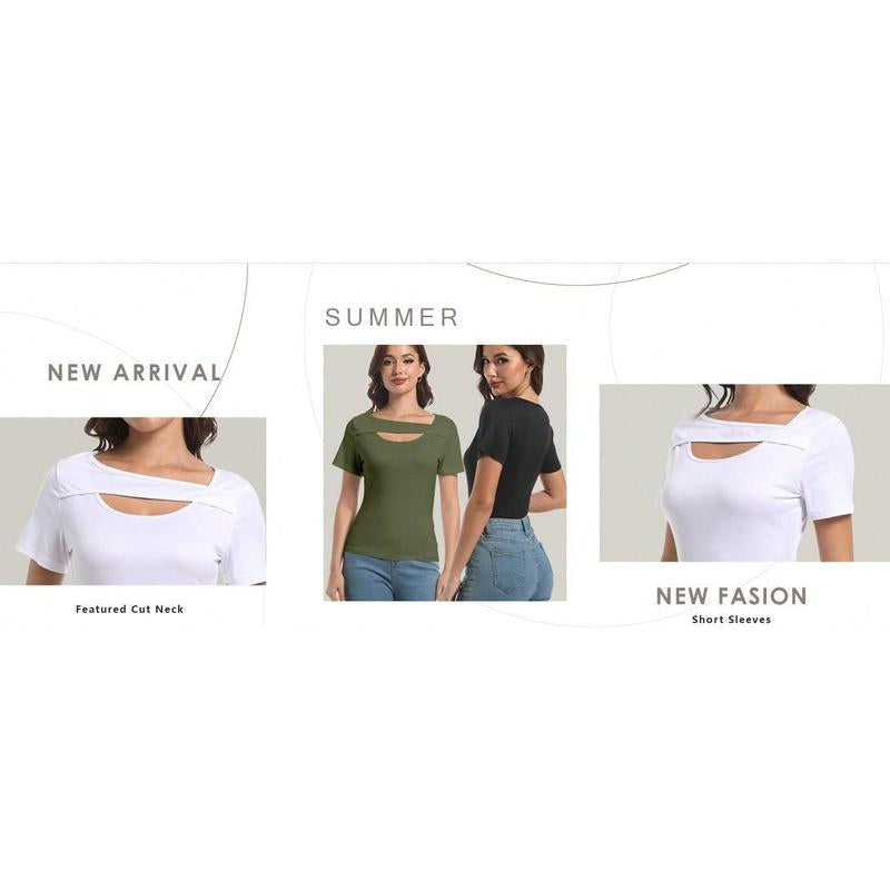 Womens Summer Short Sleeve T Shirts Knit Slim Fit One Piece Cutout Scoop Neck Going Out Date Night Tops