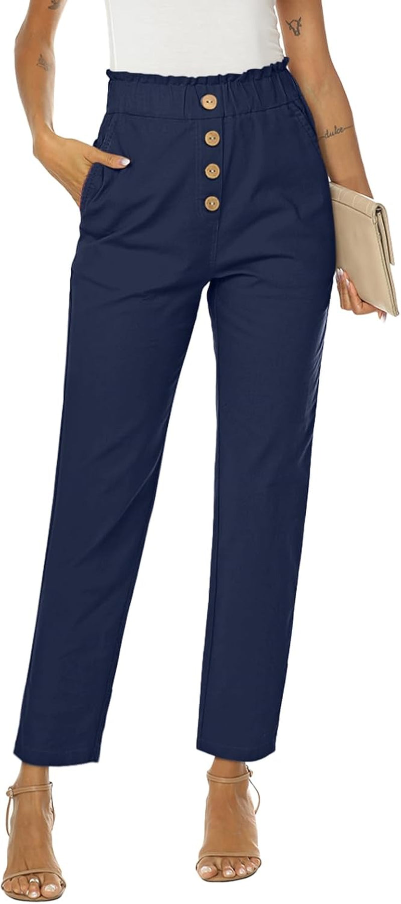 Womens Casual Pants High Waisted Work Pants Elastic Cropped Dress Paper Bag Pants with Pockets