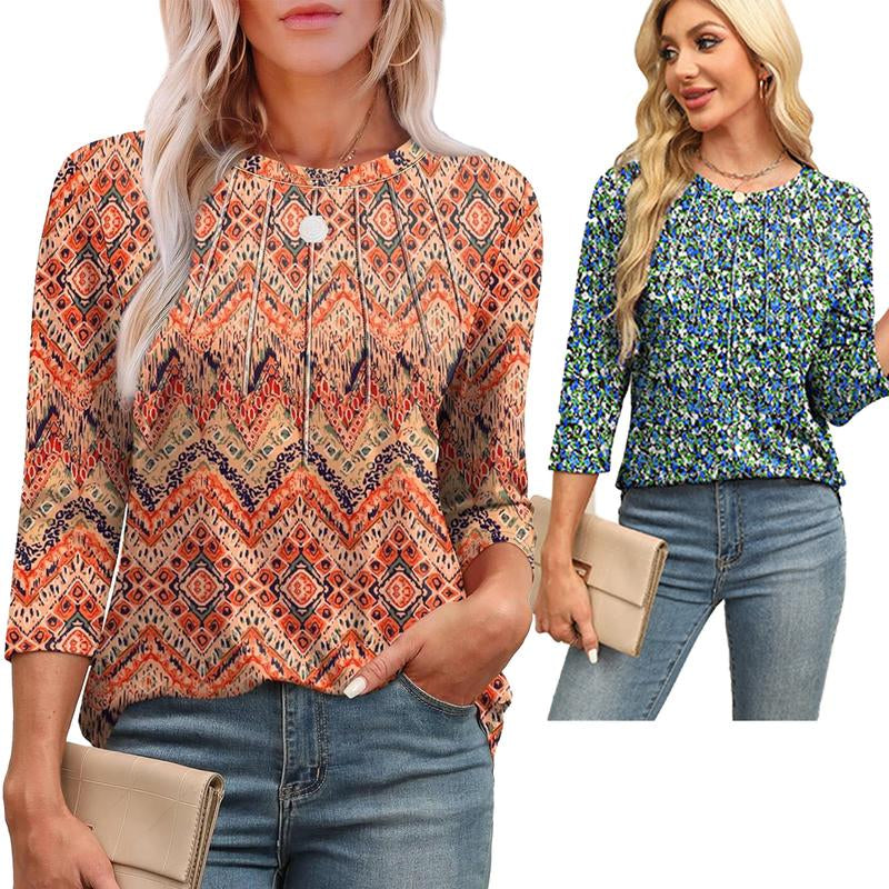 WIHOLL 3/4 Length Sleeve Womens Tops round Neck Casual Tunic Tops Basic Pleated Shirts Loose Fit 2024