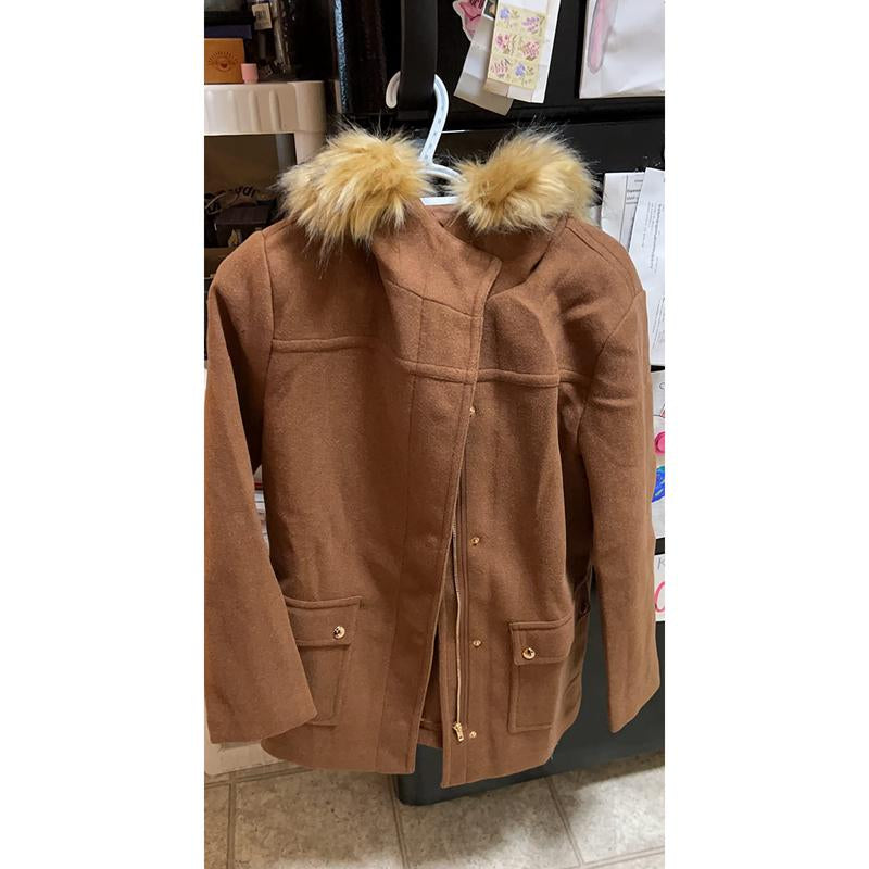 Goranbon Womens Coats Fall Winter Mid Length Thick Warm Pea Coat Elegant Faux Wool Coat with Detachable Hat Jacket Outerwear
