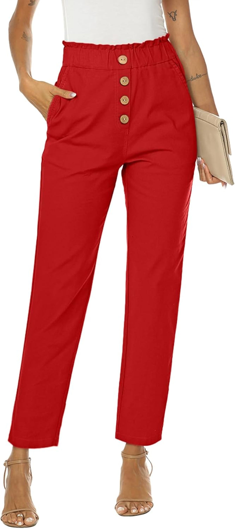 Womens Casual Pants High Waisted Work Pants Elastic Cropped Dress Paper Bag Pants with Pockets