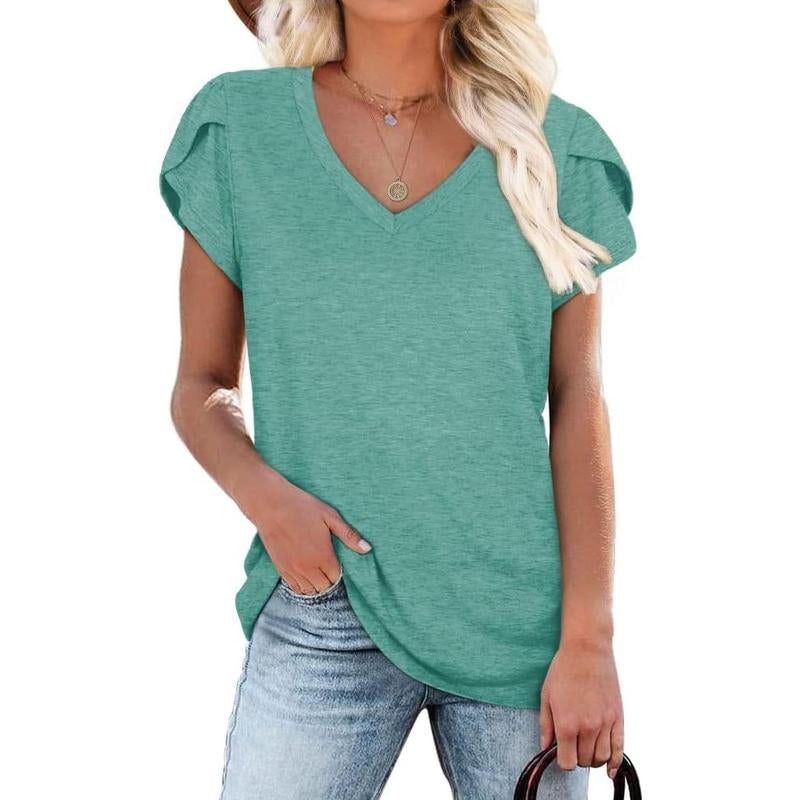 WIHOLL Womens Tops V Neck Summer Petal Sleeve Casual Tshirts