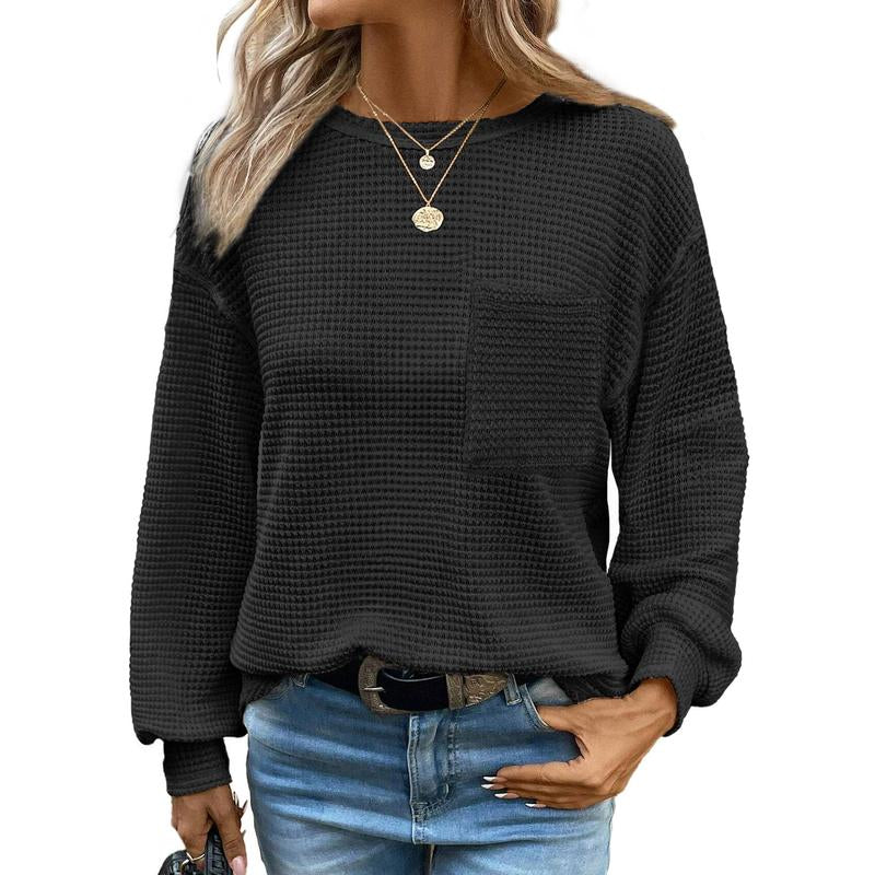 Dokotoo Womens Tops 2025 Oversized Long Sleeve Crewneck Waffle Knit Shirts Business Casual Blouses Basic Shirts Clothes Elegant