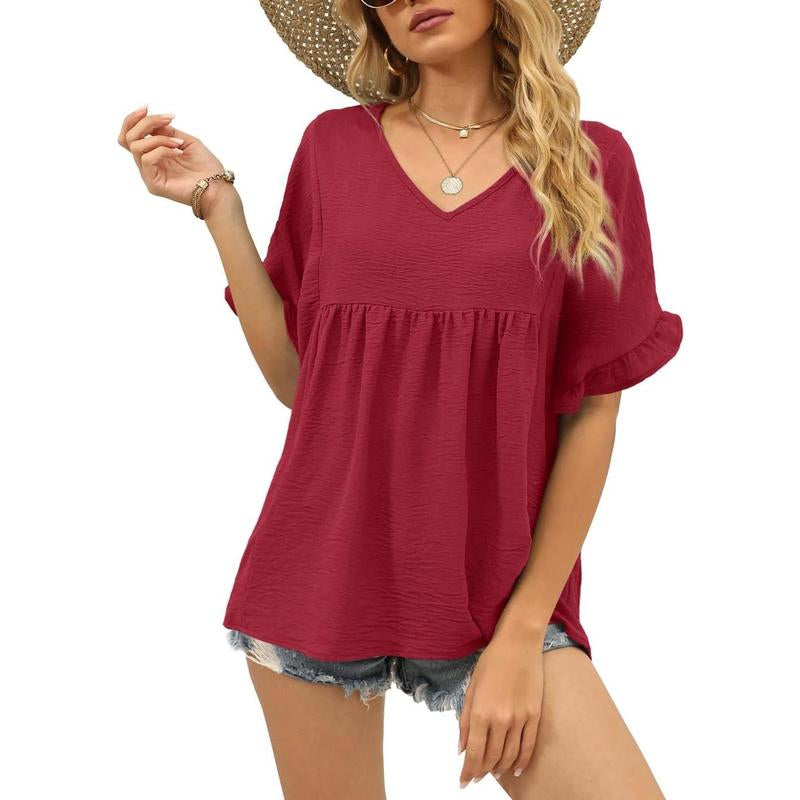 WIHOLL Womens Tops Casual V Neck Ruffle Sleeve T Shirts Babydoll Loose Fit Peplum Tops