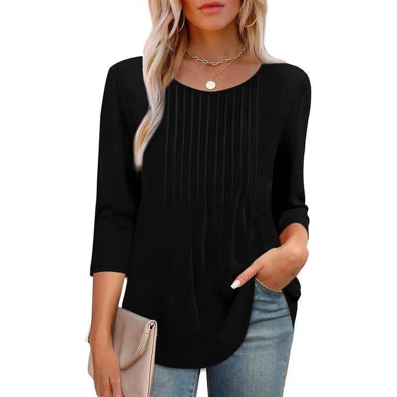 WIHOLL 3/4 Length Sleeve Womens Tops 2025 Crewneck Casual Pleated Tunic Tops Loose Fit Shirts Blouses Curved Hem
