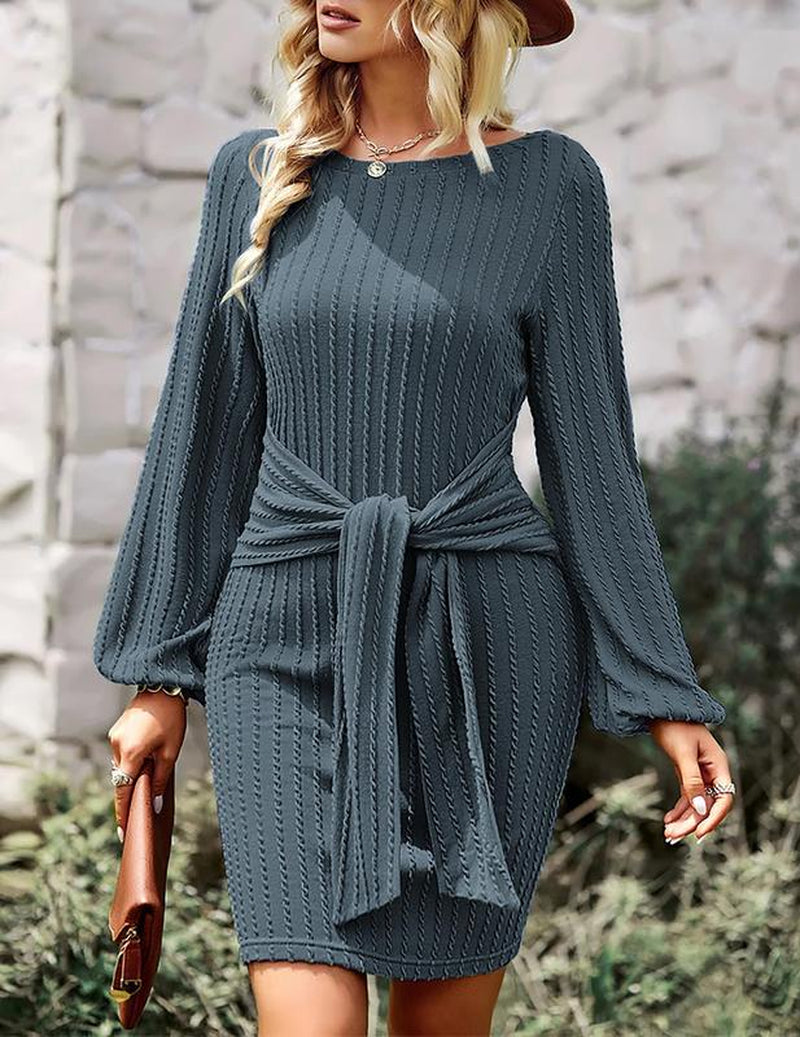 ZEAGOO Christmas Women'S Casual Knit Dress Long Lantern Sleeve Fall Bodycon Dress Crewneck Tie Waist Rib Knitted Sweater Dresses