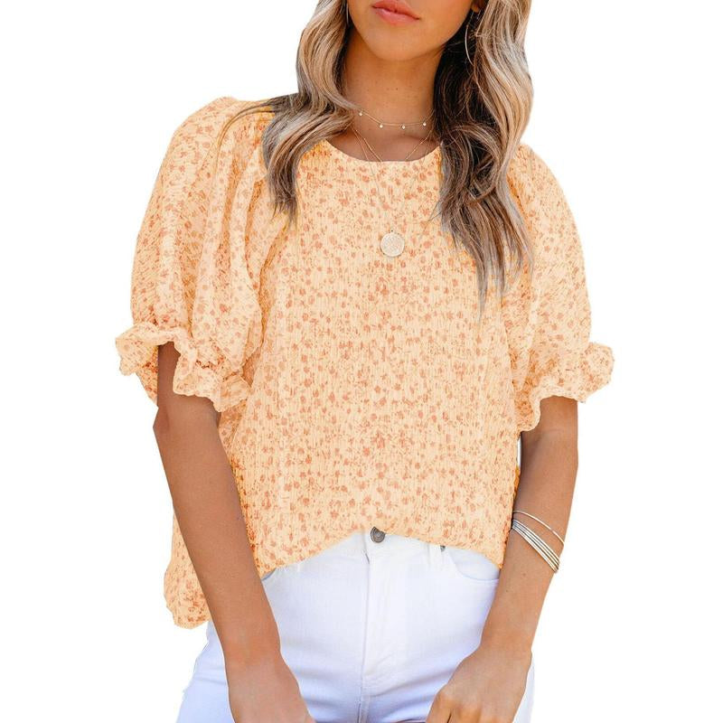 Dokotoo Floral Print Blouses for Women Crewneck Smocked Puff Sleeve Shirts Casual Babydoll Tops