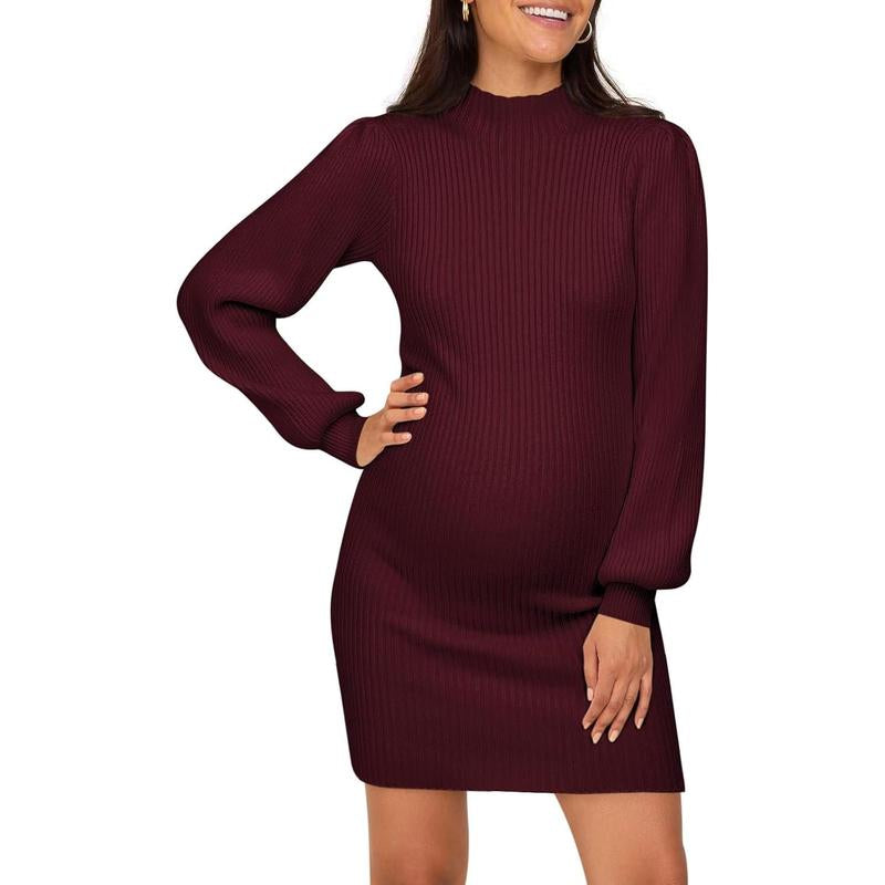Wenrine Maternity Sweater Dress for Pregnant Women Turtleneck Puff Sleeve Knit Slim Fit Bodycon Mini Dress
