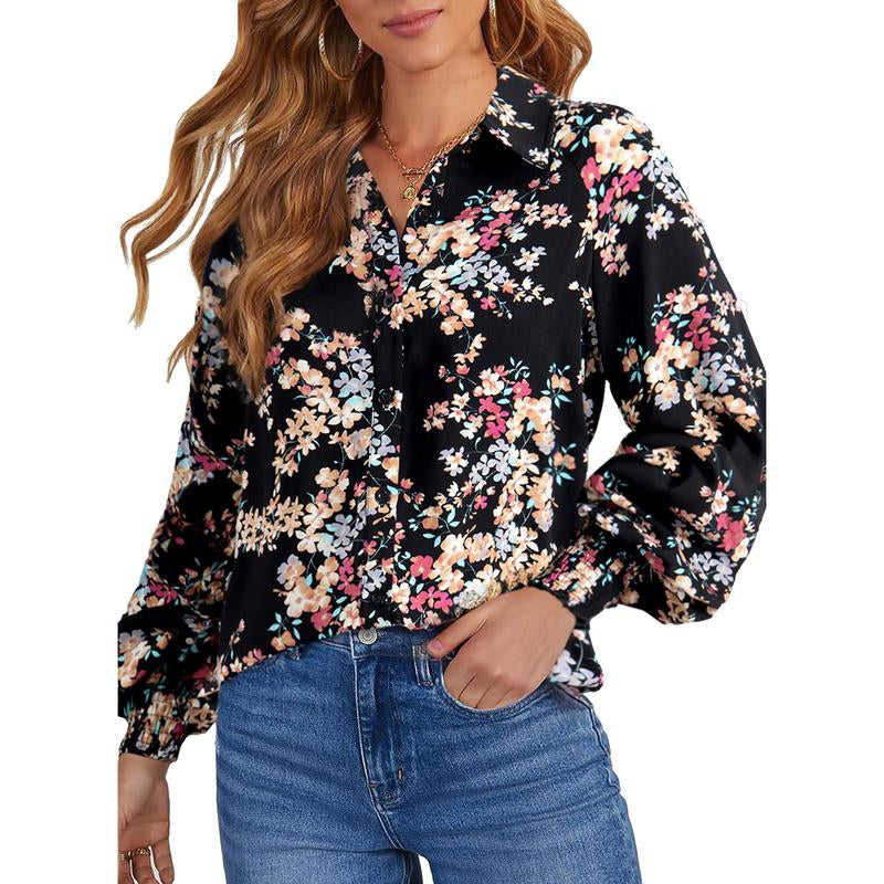 Dokotoo Women'S Casual V Neck Allover Floral Print Long Sleeve Chiffon Button down Blouses Bohemian Top Shirts Elegant Chic